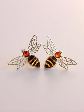 Baltic Amber Bee Earrings in Sterling Silver